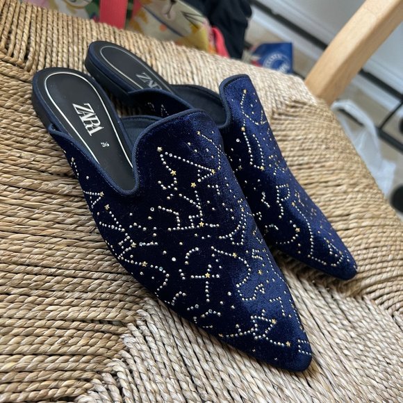 Zara Constellation Galaxy Rhinestone Blue Velvet Smoking Loafer Mules Shoes Flat - Picture 2 of 5